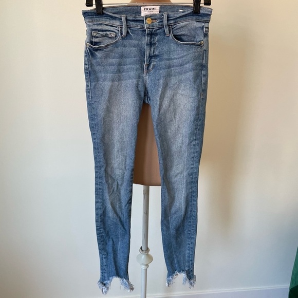 Frame Le Skinny De Jeanne Fray Hem Stiletto Dupont Blue Mid Rise Jeans Size 27 - Picture 5 of 12